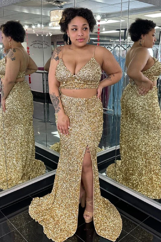 prom dresses for plus-size figuresTwo Piece Spaghetti Straps Sequins Mermaid Slit Prom Dress