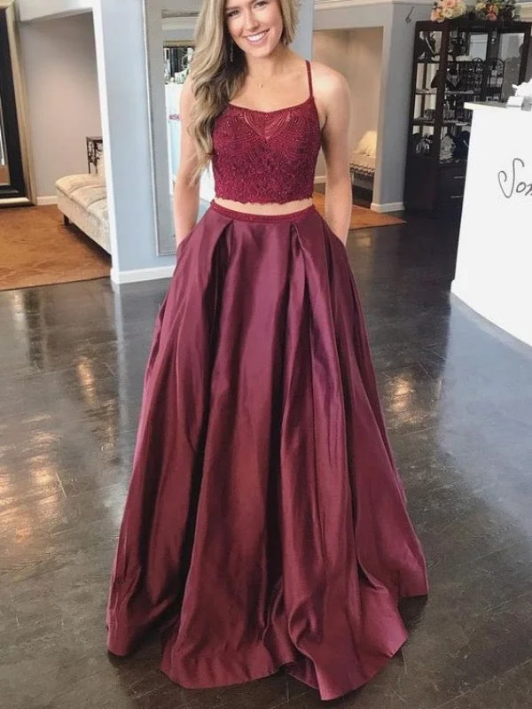 prom dresses for summerTwo Pieces Burgundy Long Prom Dresses, A-line Prom Dresses, 2020 Prom Dresses