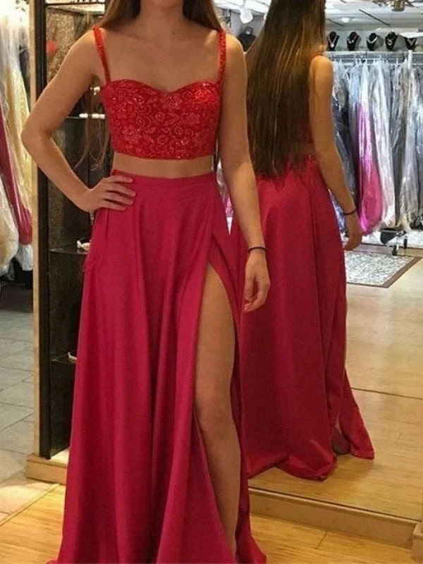 maxi prom dressesTwo Pieces Lace Long Prom Dresses, Elegant Beaded Prom Dresses, Graduation Dresses