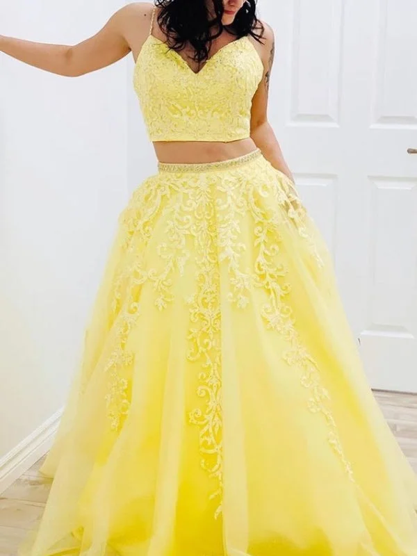 petite prom dressesTwo Pieces Lace Prom Dresses, Newest Yellow Prom Dresses, Beaded Long Prom Dresses