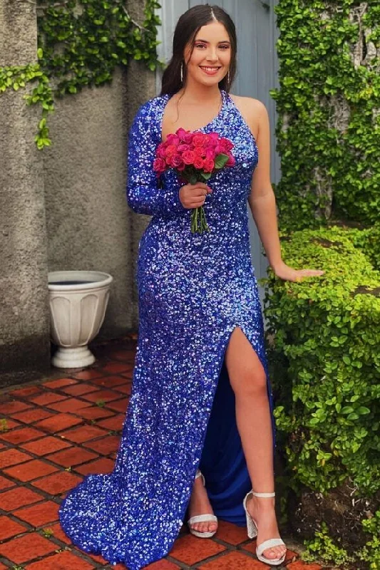 high-low prom dressesUnique One Long Sleeves Indigo Sequins Long Prom Dress