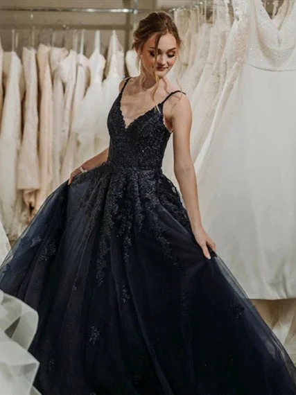 floral prom dressesV-neck Black Lace Tulle Prom Dresses, A-line Prom Dresses, Newest Prom Dresses, Appliques Prom Dresses