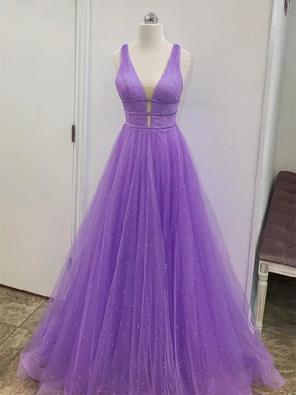 fitted prom dressesV-neck Purple Tulle Beaded Prom Dresses, Lovely Prom Dresses, Long 2020 Prom Dresses