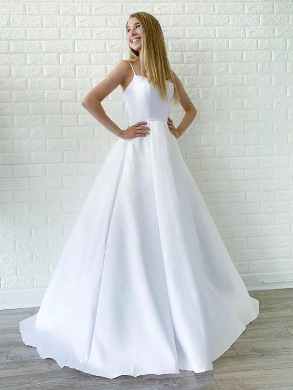 prom dresses with floral embroideryWhite Color Simple Long Prom Dresses, A-line Cheap Prom Dresses, New Prom Dresses