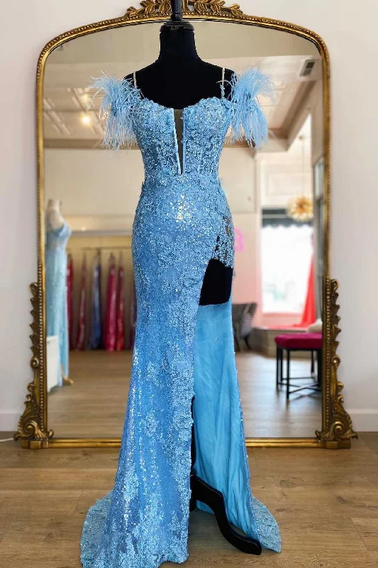 mini prom dressesBlue Sequin Appliques Cold-Shoulder Long Prom Gown with Slit