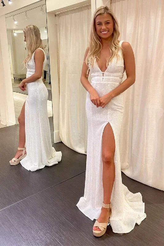 ball gown prom dressesWhite Sequined V-Neck Mermaid Prom Dress with Slit