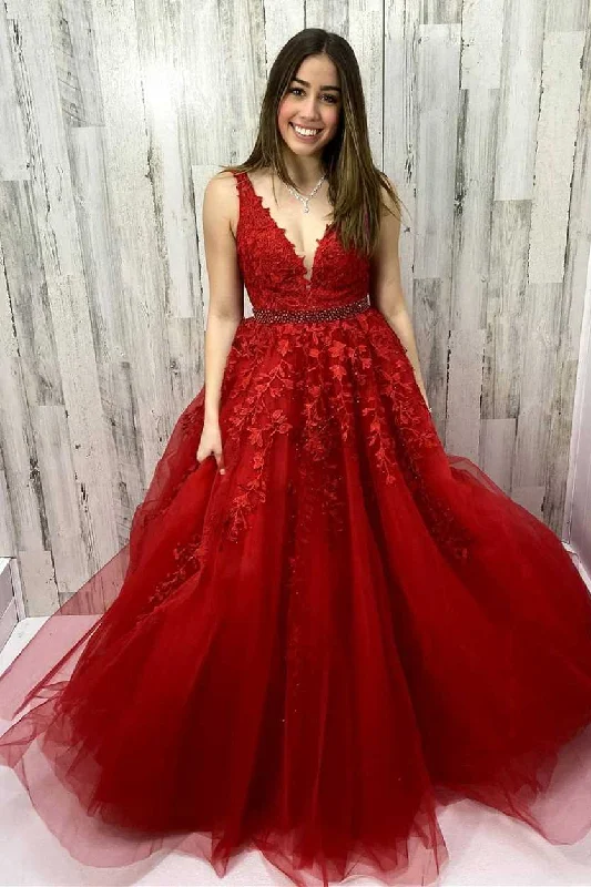 prom dress preservationWine Red A-line Lace Appliques Long Prom Dress