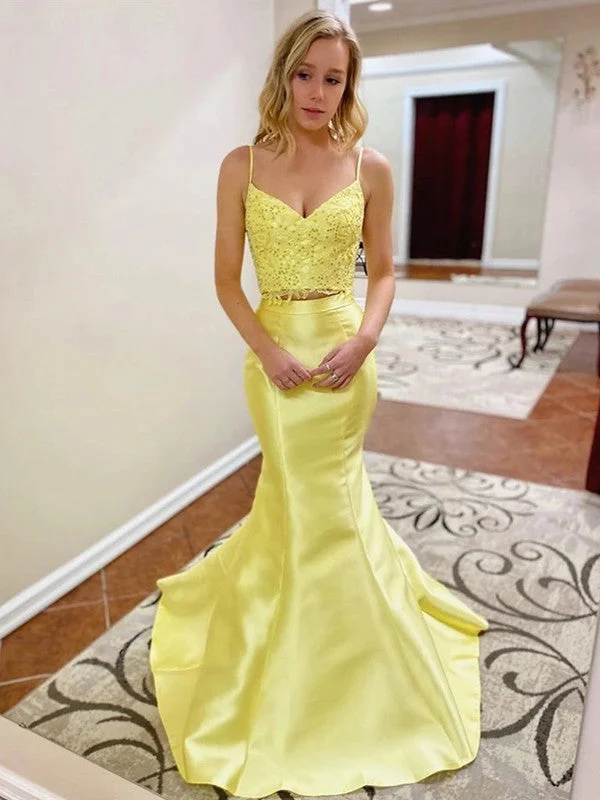 prom dresses for curve-hugging figuresYellow Color Two Pieces Long Prom Dresses, Fashion Mermaid 2020 New Prom Dresses