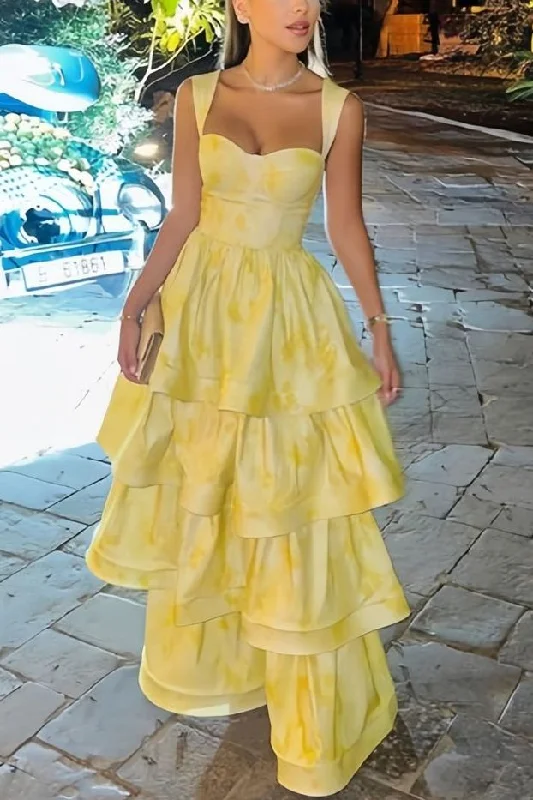 illusion neckline prom dressesYellow Printing A-Line Tiered Sleeveless Long Prom Formal Dress