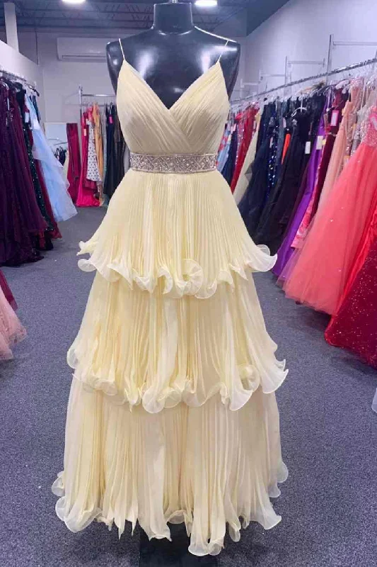 prom dresses with lace appliquésYellow V-Neck Straps A-Line Tiered Prom Dress